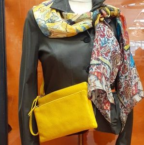 Leather jacket, purse, silk scarf, magnet pin